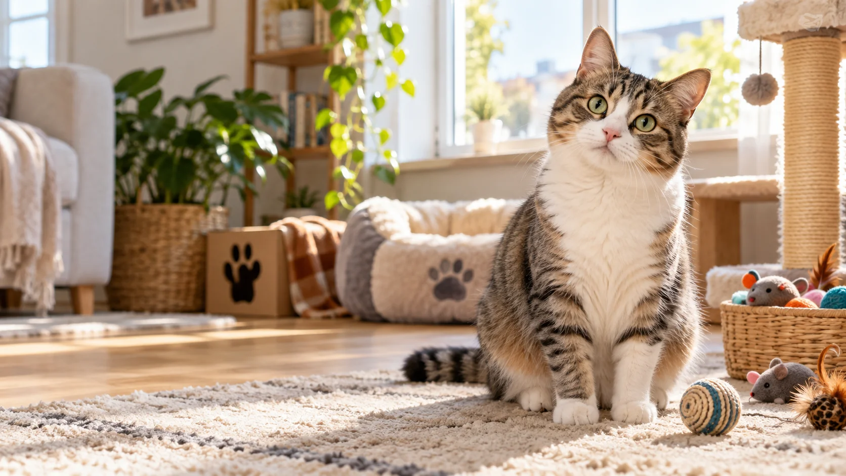Cat sitting indoors surrounded by toys and enrichment activities