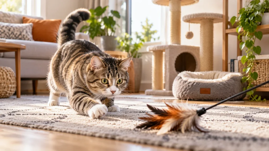 Indoor cat playing with an interactive feather toy