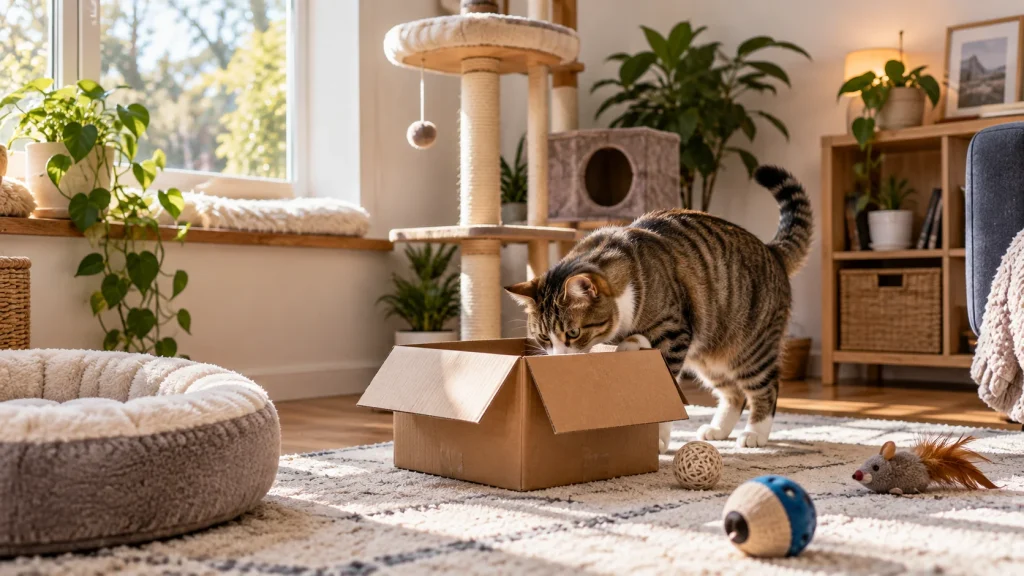 Cat exploring a cardboard box in an enriched indoor environment