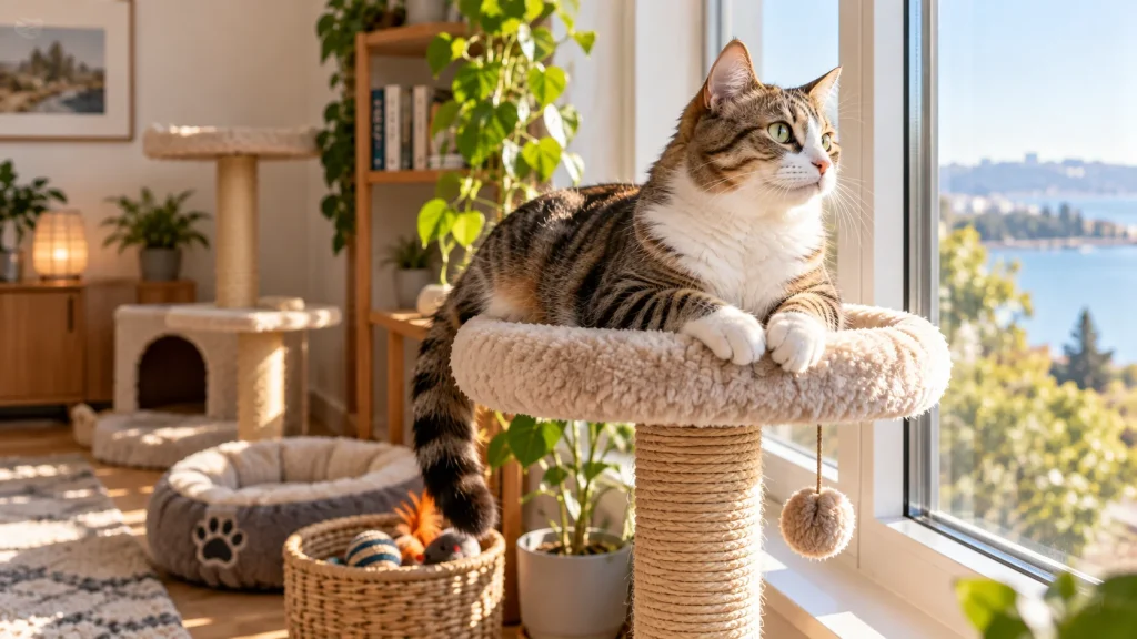 Happy indoor cat relaxing beside a window on a cat perch