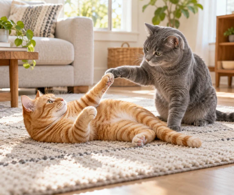 Two cats gently wrestling on a rug, illustrating are my cats playing or fighting
