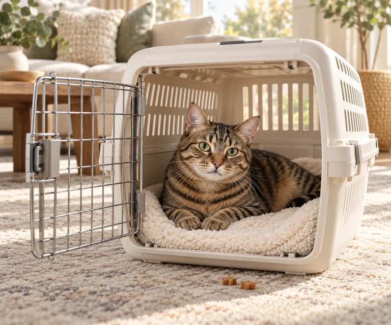 Relaxed cat resting inside an open carrier at home during cat carrier training