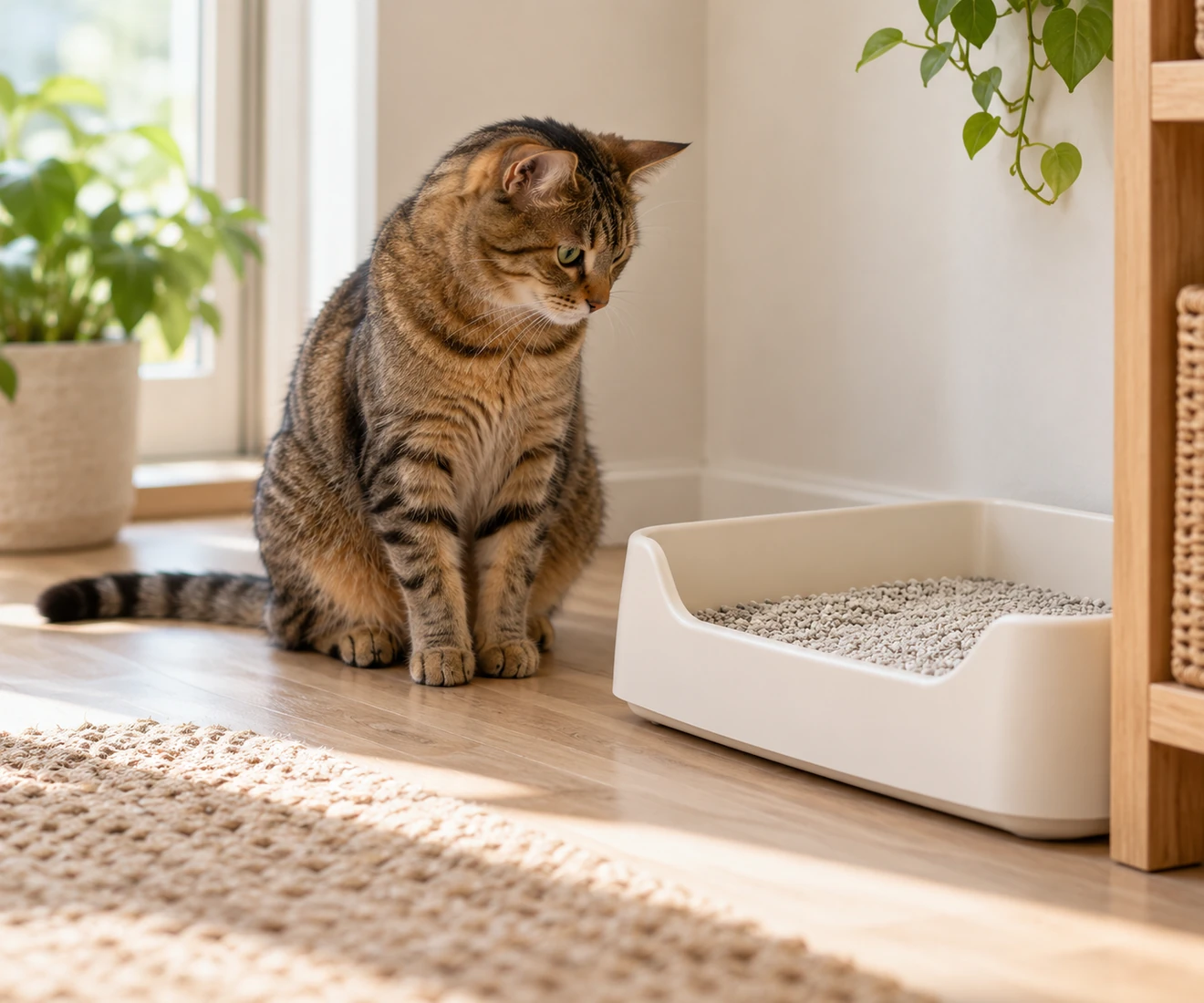 Brown tabby cat sitting beside a clean low-sided litter box in a sunlit home.