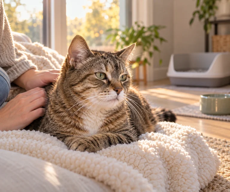 Senior cat resting calmly at home while its owner provides gentle support for cat dementia