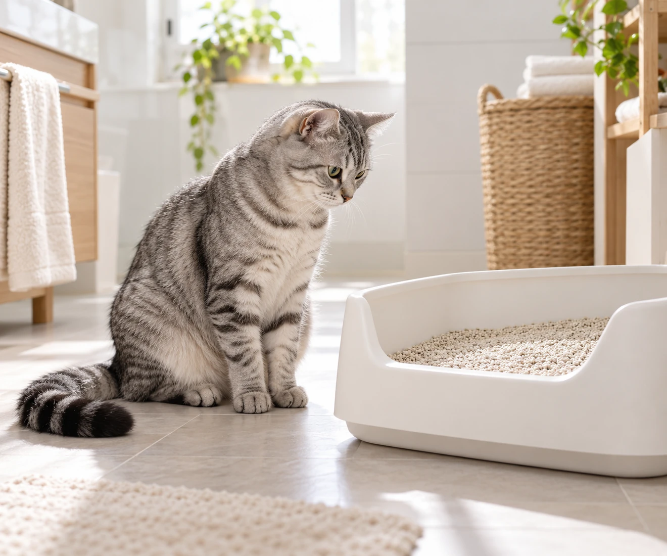 Gray tabby cat sitting beside a clean litter box in a bright home.