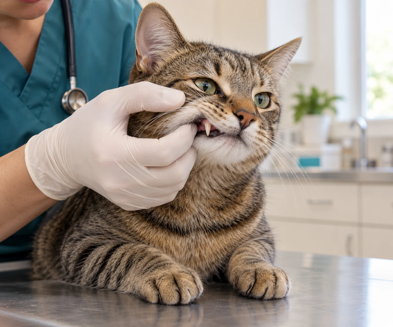 Veterinarian gently examining a cat's teeth and gums for signs of dental disease in cats