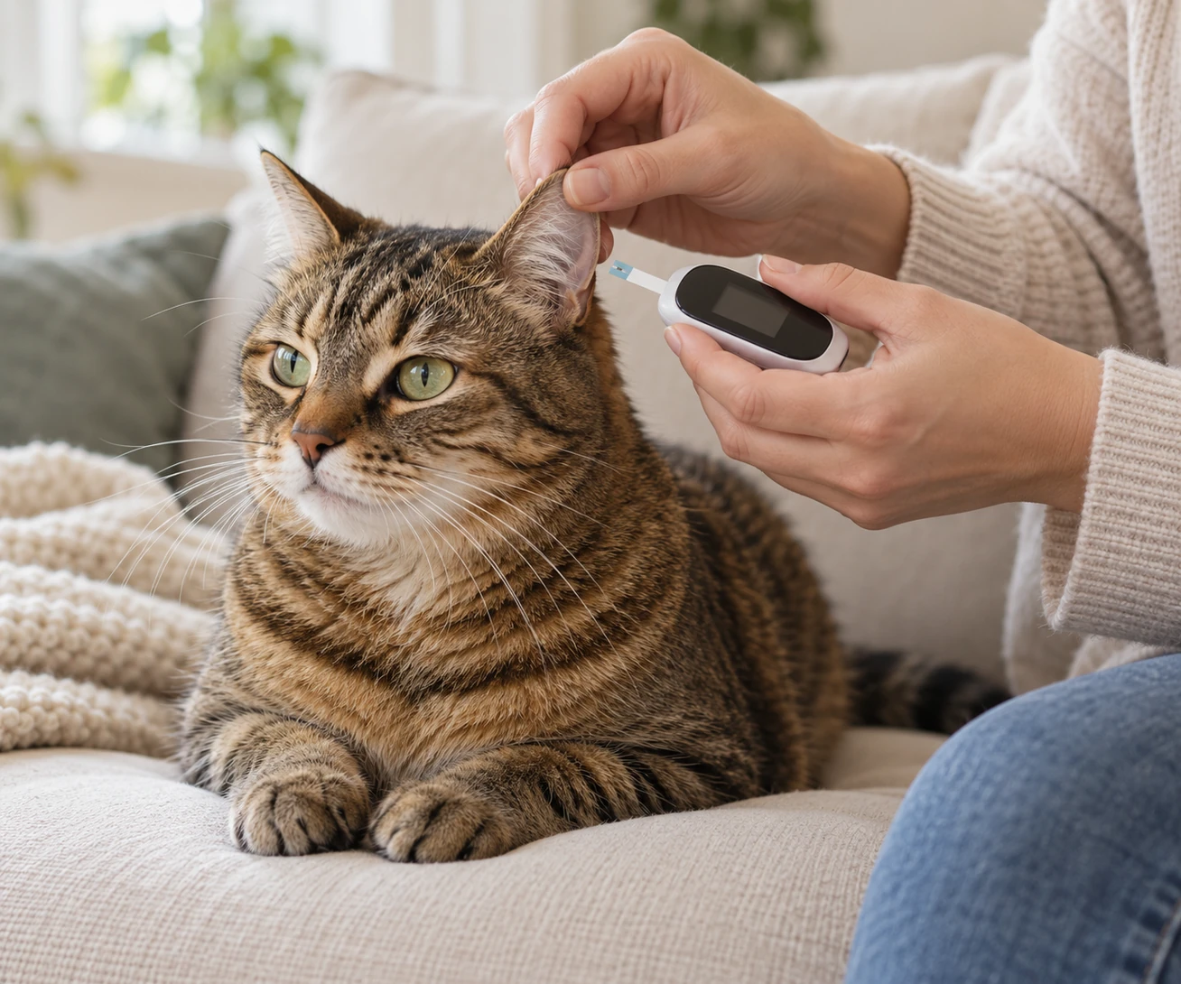 Owner holding a glucose meter near a calm tabby’s ear during home monitoring for diabetes in cats.