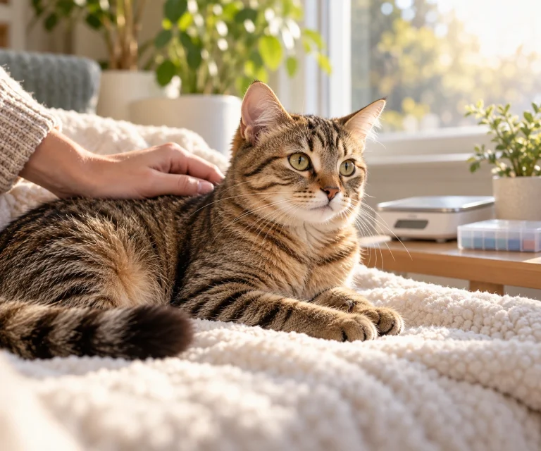 Young tabby cat resting comfortably at home during veterinary-supervised recovery from FIP in cats