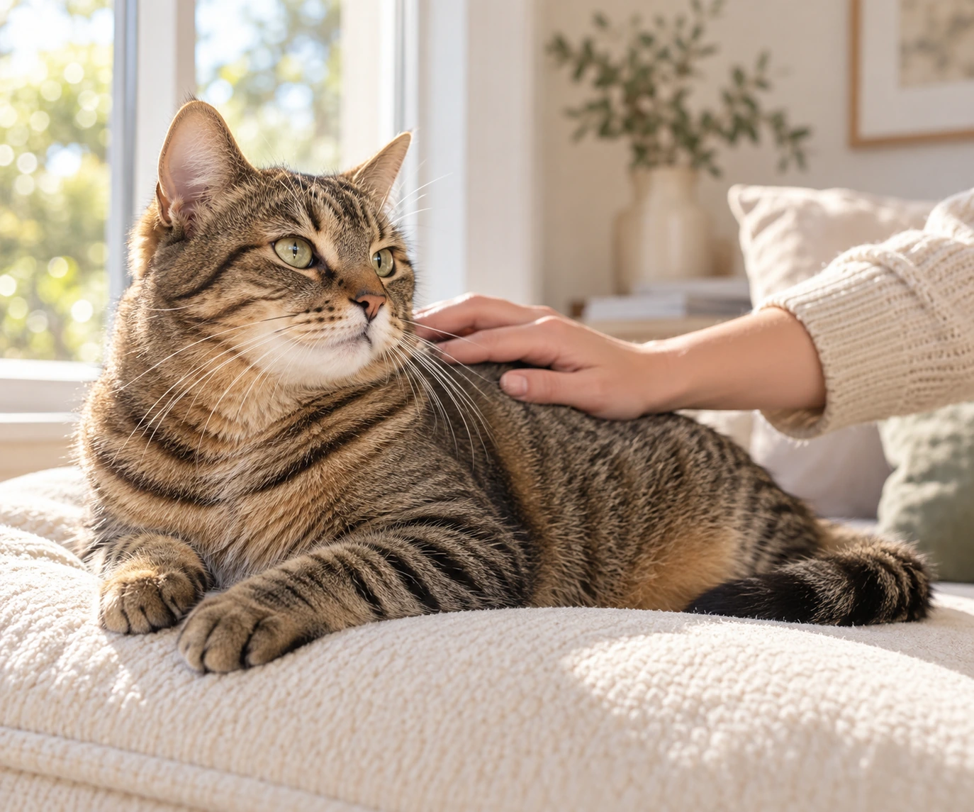 Healthy indoor cat relaxing beside a sunny window, illustrating quality of life with FIV in cats