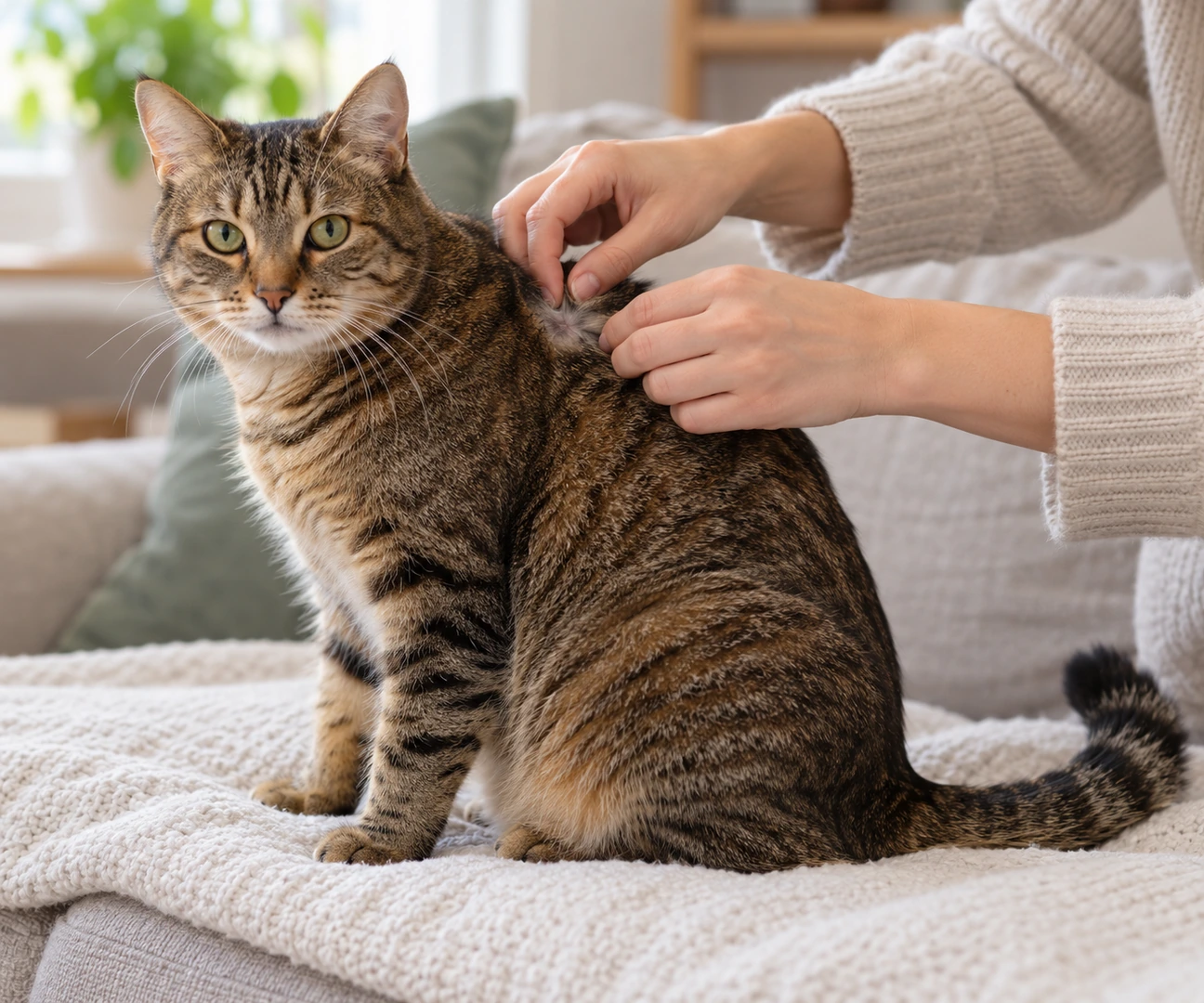 Owner gently checking a cat's fur for signs of fleas on cats