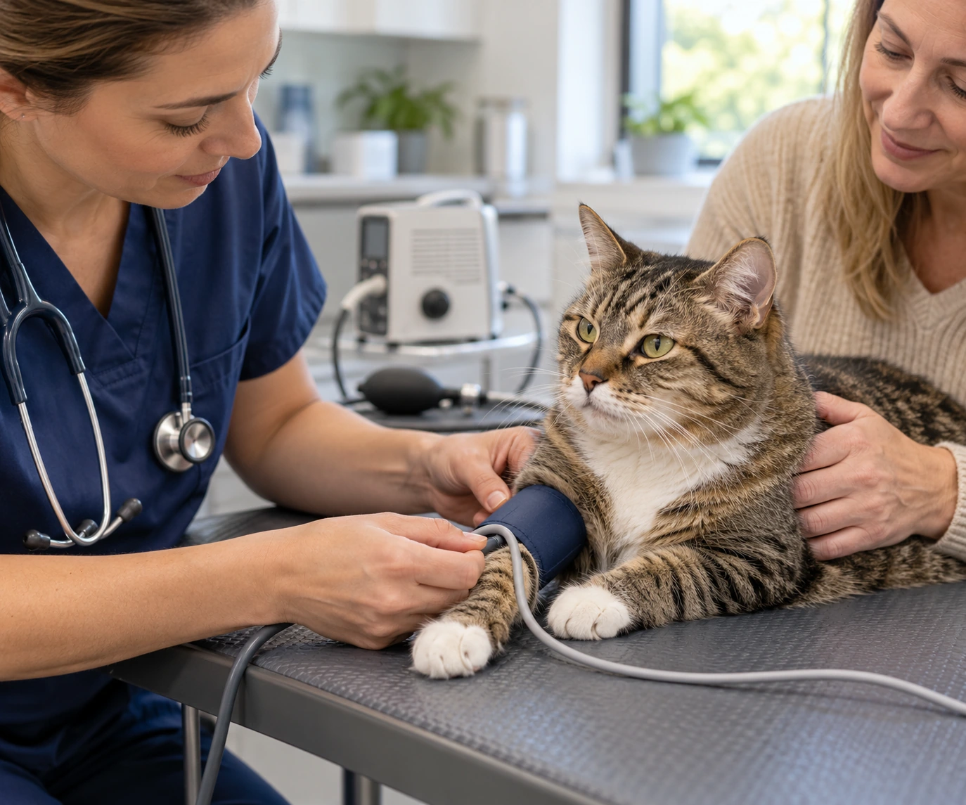 Senior cat having a gentle veterinary blood pressure check to screen for high blood pressure in cats