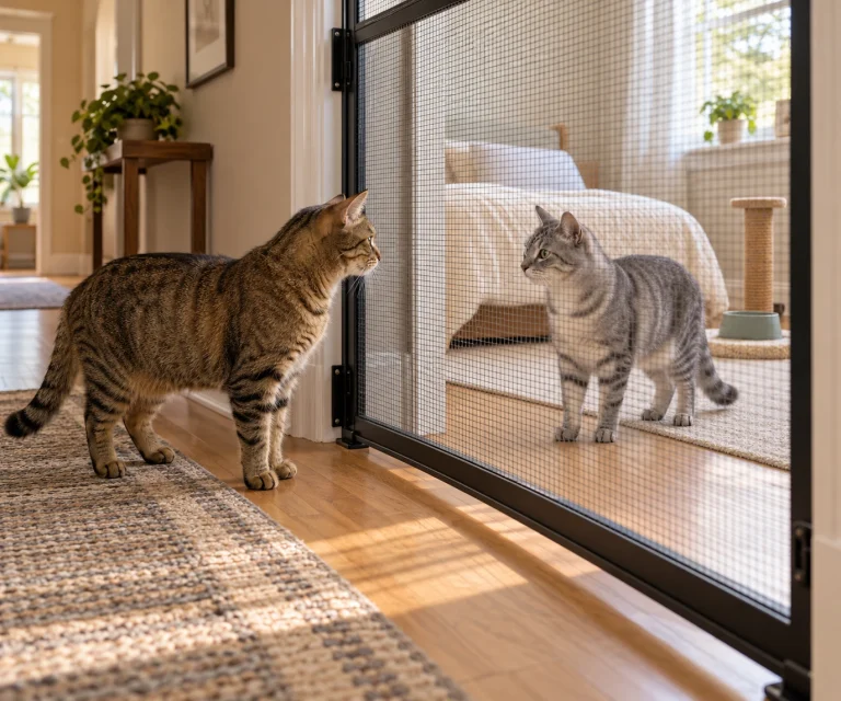 How to introduce cats safely with a calm first meeting through a mesh pet gate