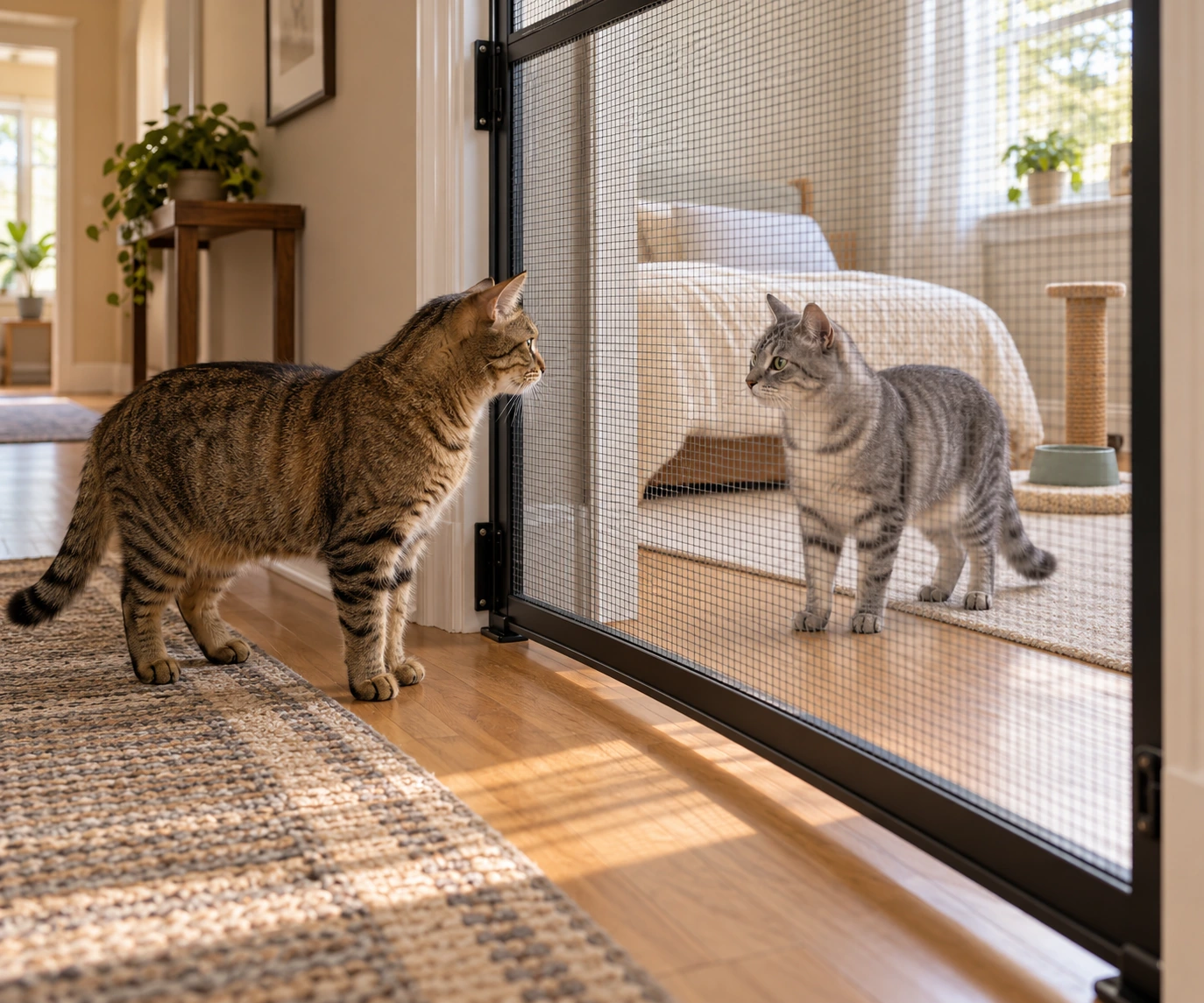 How to introduce cats safely with a calm first meeting through a mesh pet gate