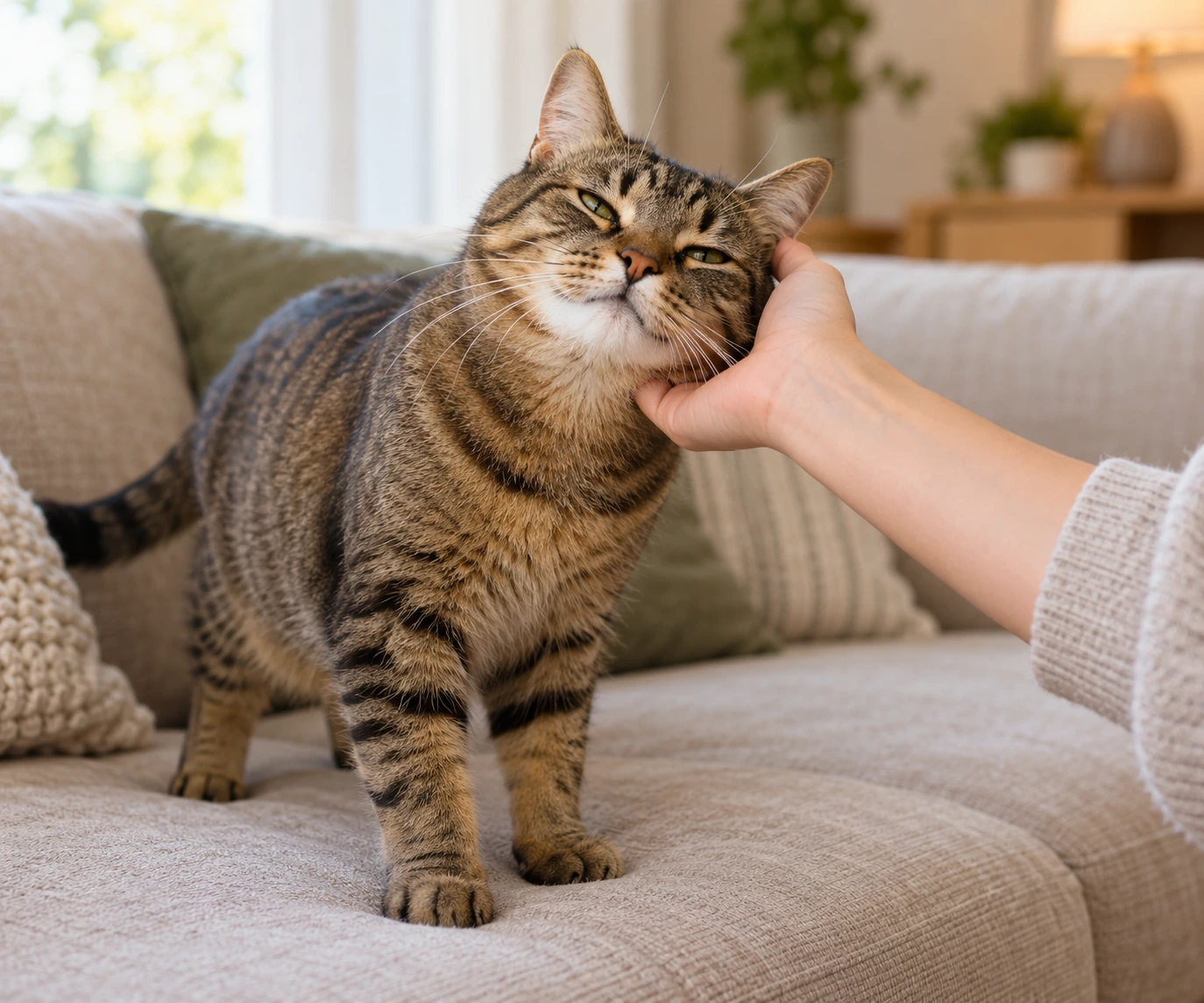 How to pet a cat as a relaxed tabby leans its cheek into an open hand