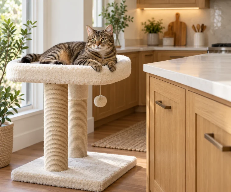 Cat relaxing on an elevated kitchen perch used to help keep cats off counters