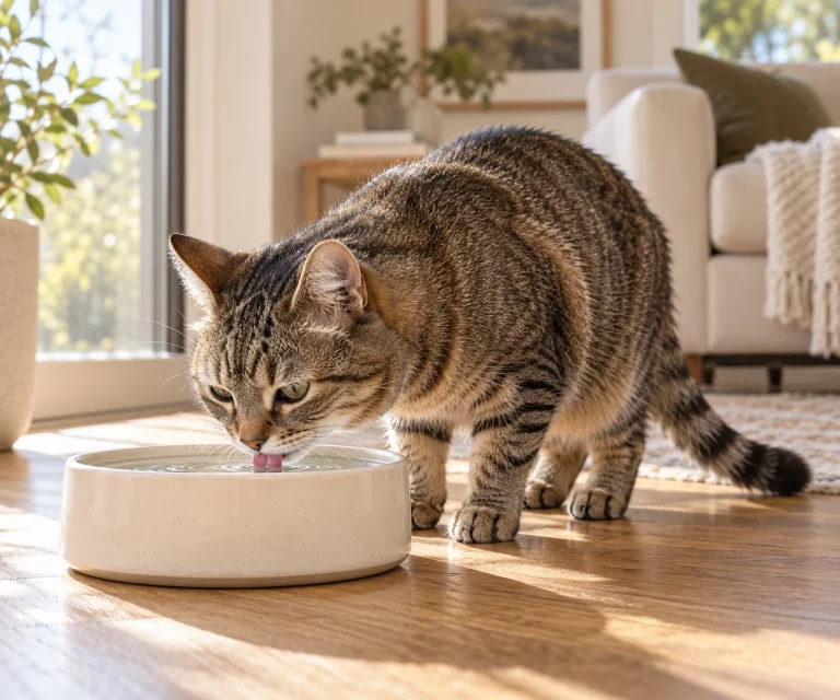 Senior tabby drinking from a ceramic water bowl, illustrating hydration for kidney disease in cats.