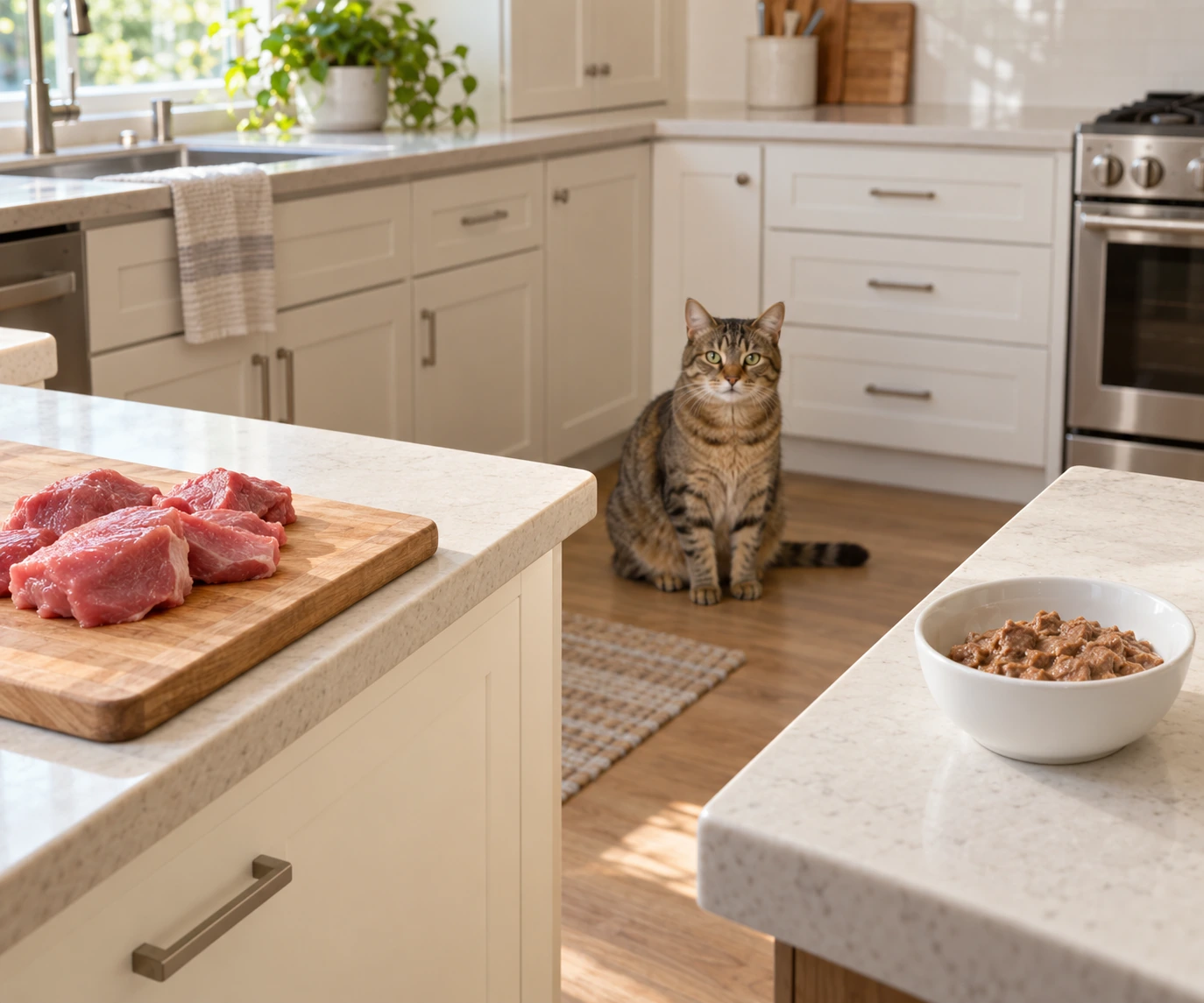 Raw food diet for cats compared with a bowl of cooked wet cat food