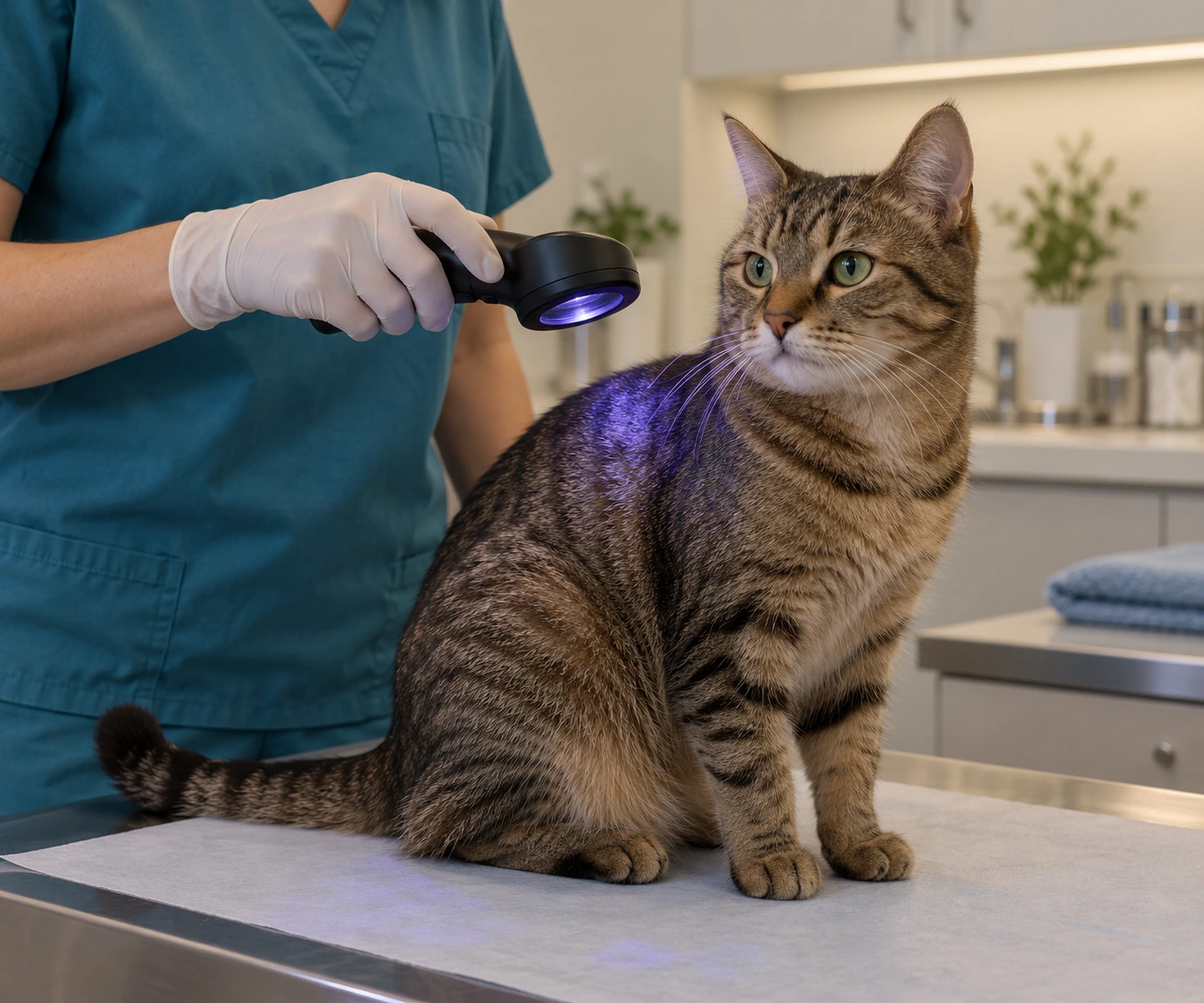 Vet examining a cat's fur with a Wood's lamp to check for ringworm in cats