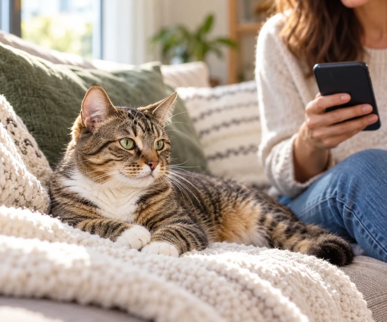 Owner calmly monitoring a resting cat while learning what to do about seizures in cats