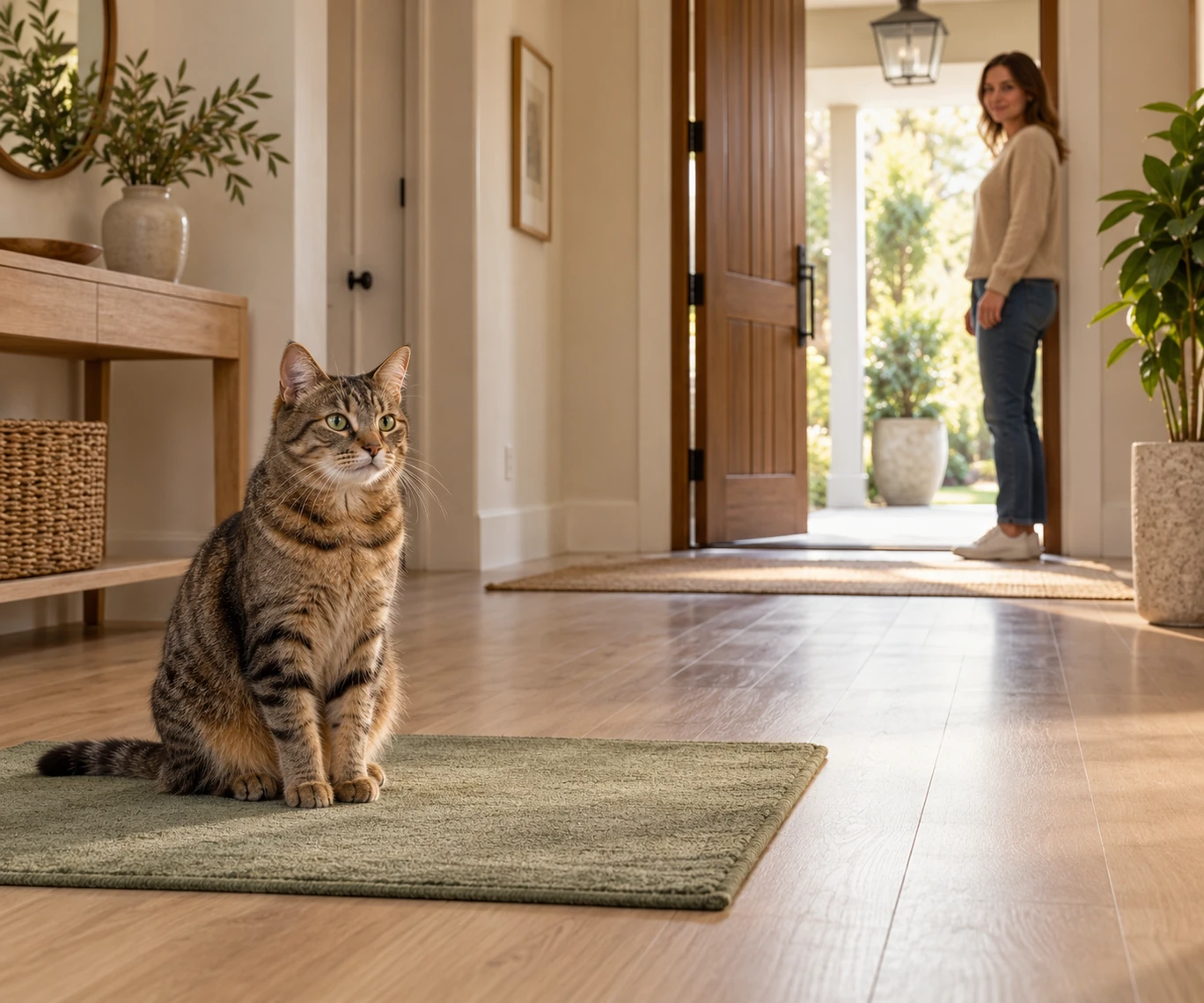 Cat calmly waiting on a mat by an open entrance to help stop a cat from running out the door