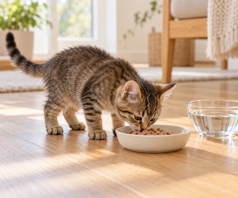 What to feed a kitten: a young kitten eating complete wet kitten food beside a water bowl
