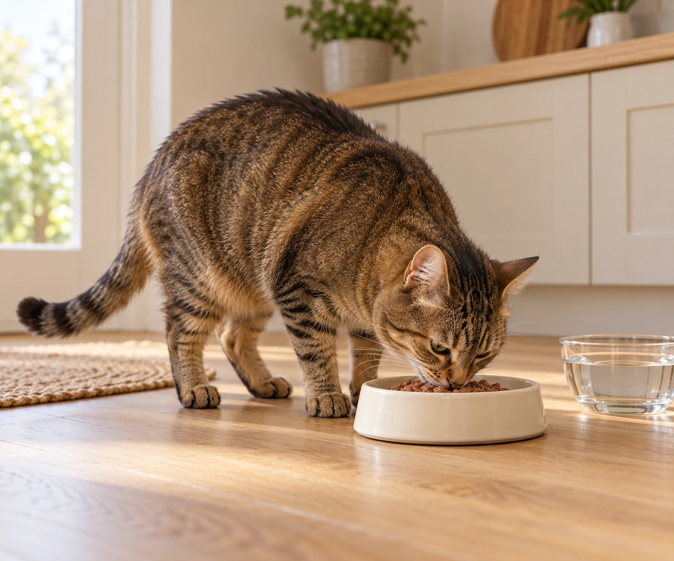 What to feed a senior cat: an older cat eating complete food from a low, wide ceramic bowl