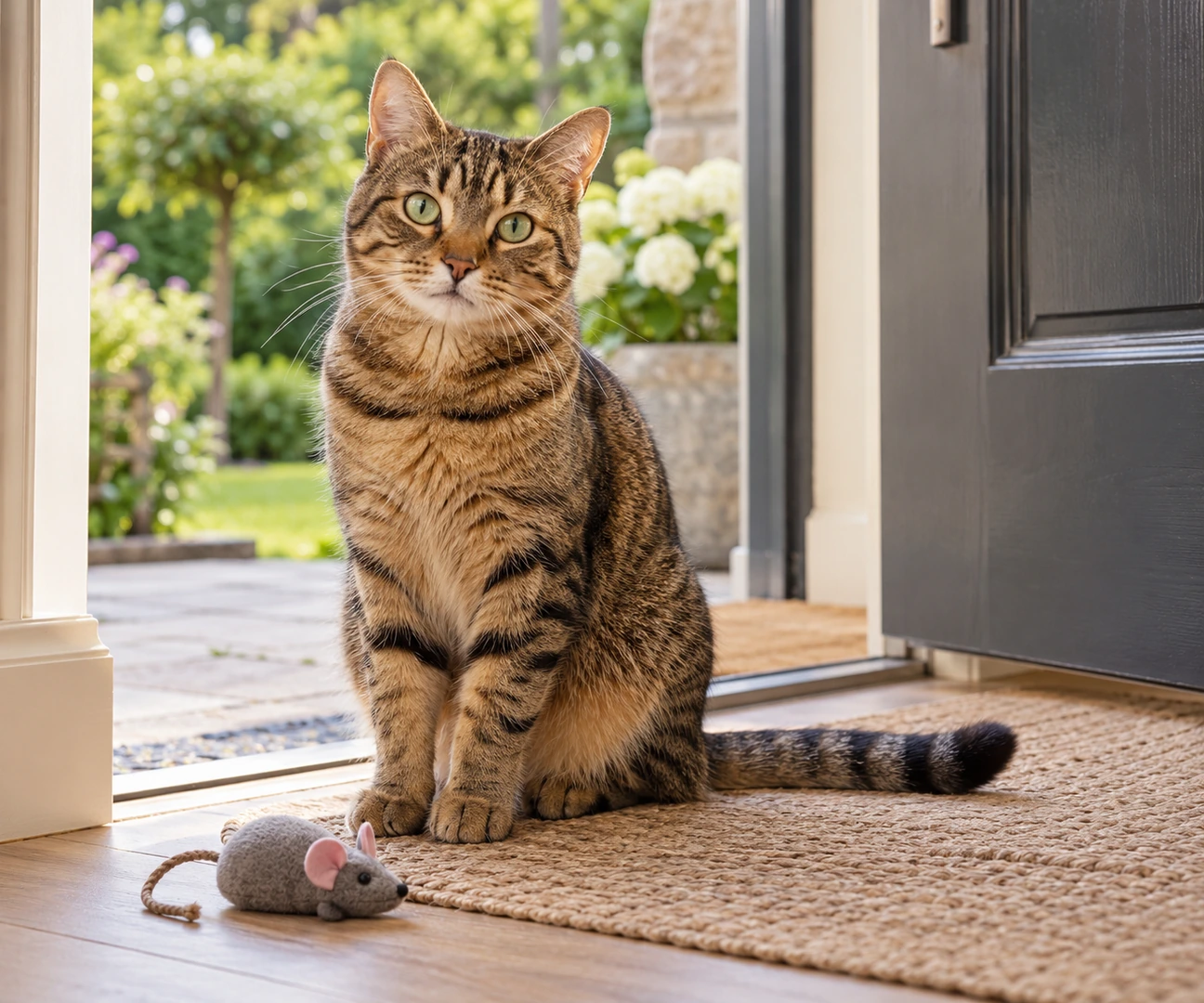 Cat at a home doorway beside a toy mouse, illustrating why do cats bring you dead animals