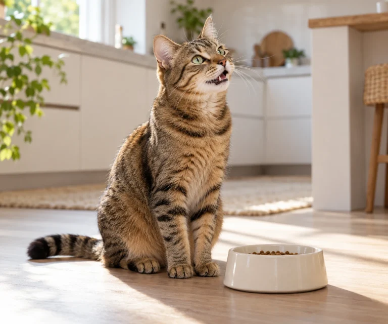 Tabby cat meowing beside its food bowl while an owner wonders why does my cat meow so much