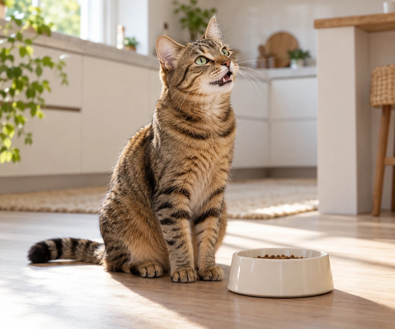 Tabby cat meowing beside its food bowl while an owner wonders why does my cat meow so much