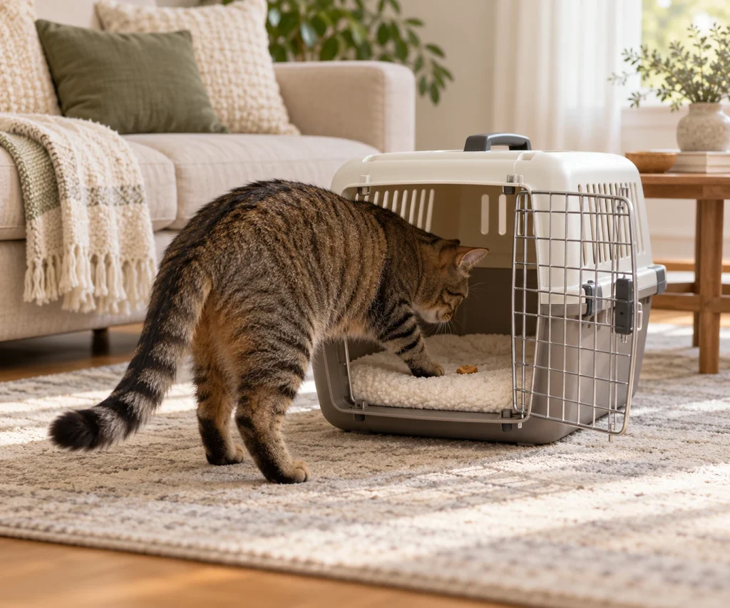 Cat entering an open carrier for a treat during positive cat carrier training