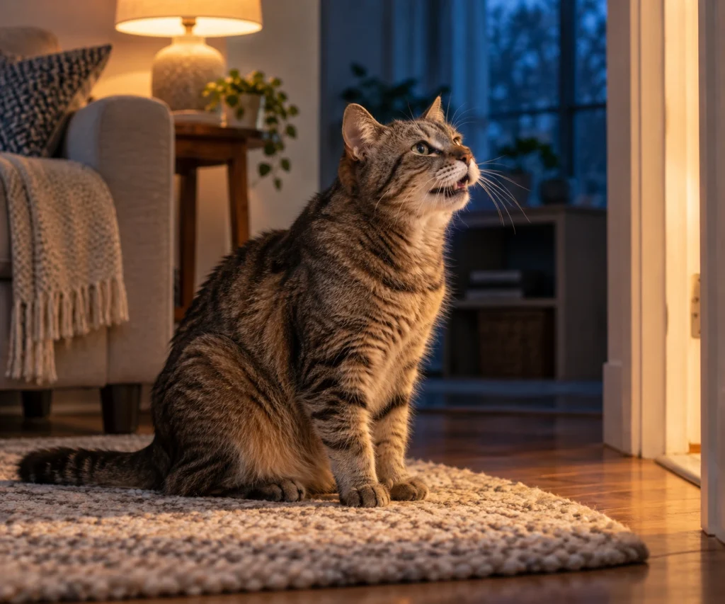 Senior cat meowing in a quiet room at night, illustrating a possible behavioral change associated with cat dementia