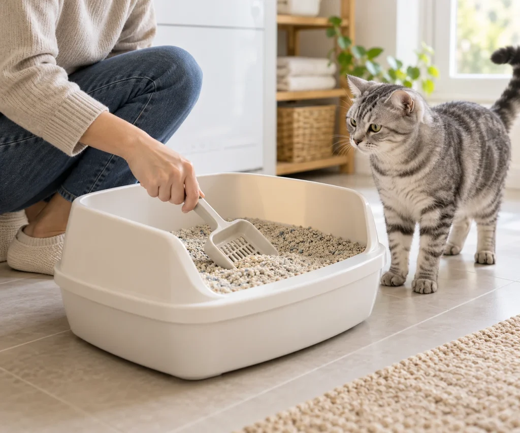 Cat owner checking a litter box with a scoop while a gray tabby stands nearby.