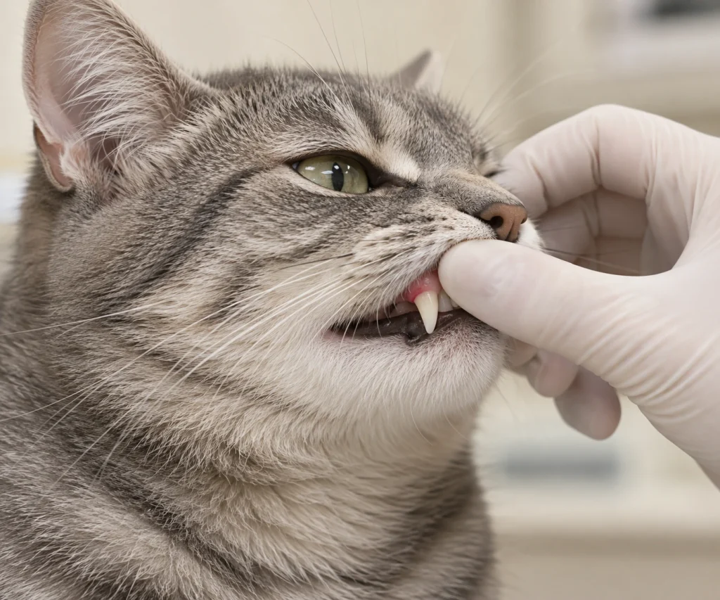 Close-up of a cat's teeth and mildly reddened gums illustrating possible signs of dental disease in cats