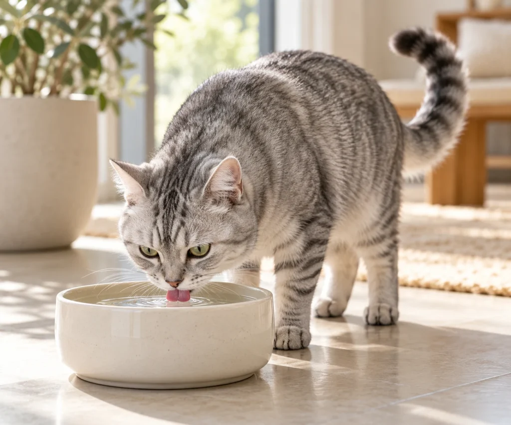Silver tabby drinking fresh water from a ceramic bowl, illustrating thirst associated with diabetes in cats.