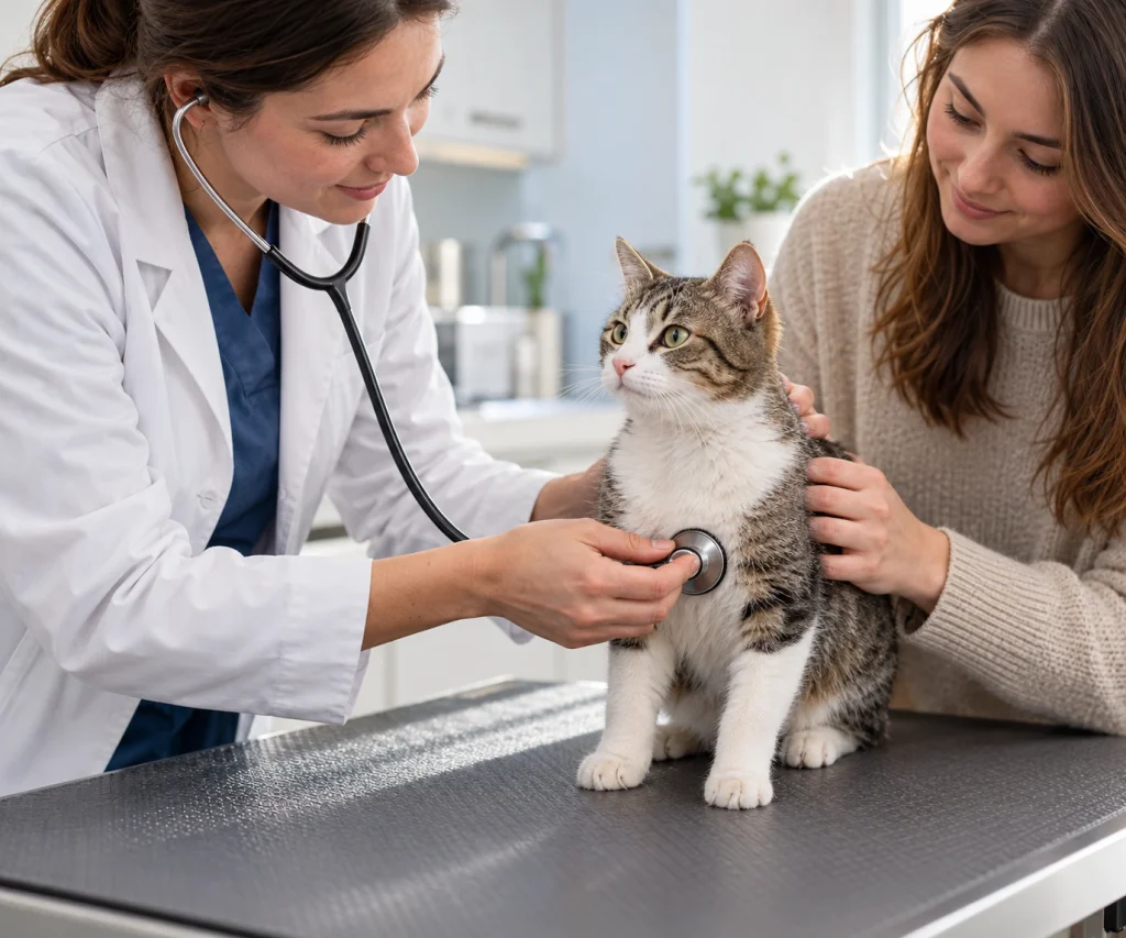 Veterinarian examining a young cat during an assessment for suspected FIP in cats