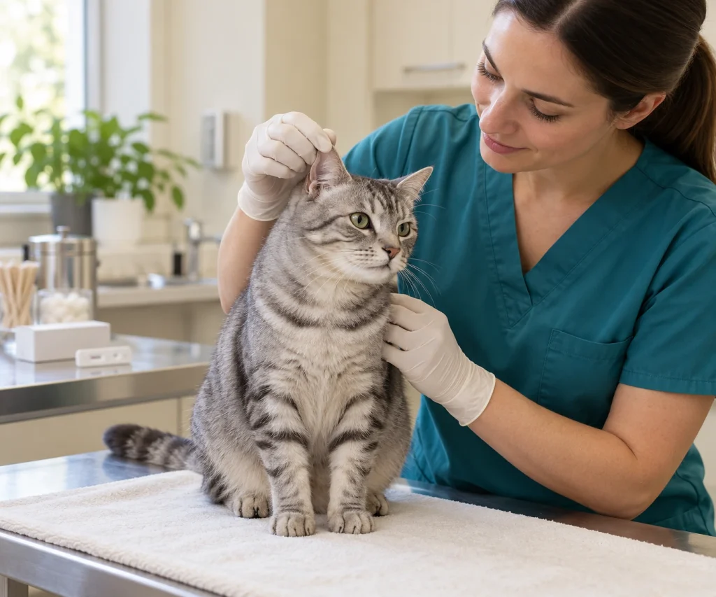 Veterinarian examining a cat during an appointment for FIV in cats testing and diagnosis