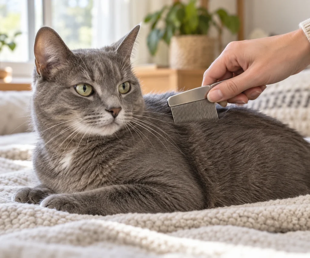 Using a flea comb to check safely for fleas on cats