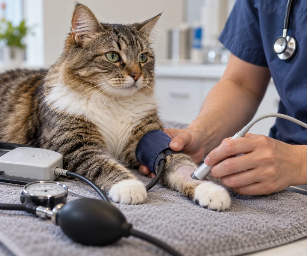 Close-up of a veterinarian measuring cat blood pressure during screening for high blood pressure in cats