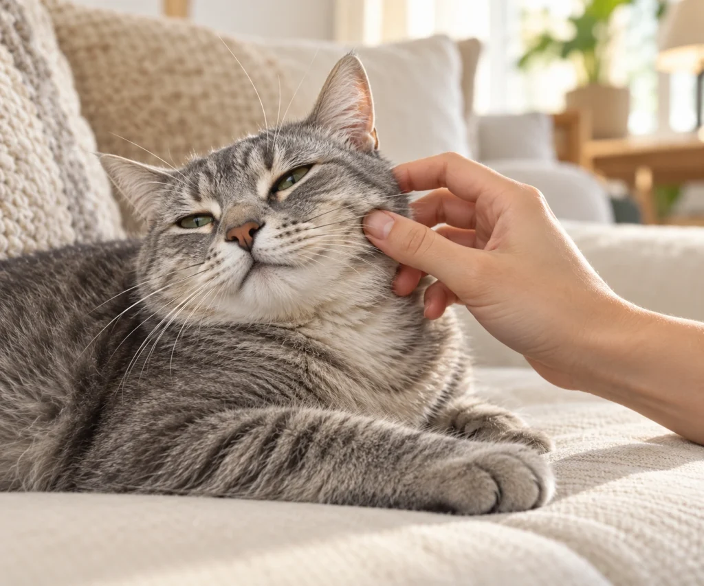 How to pet a cat gently around the cheek and side of the head