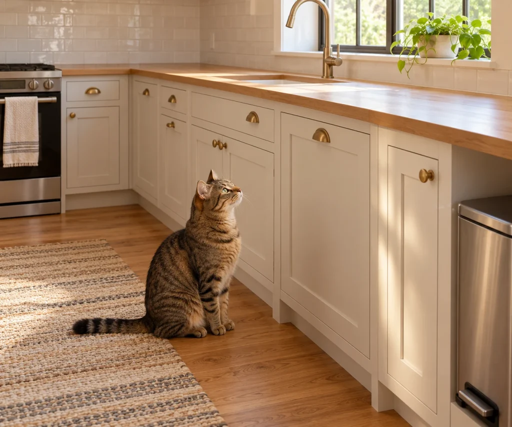 Cat beside a clean food-free kitchen designed to help keep cats off counters