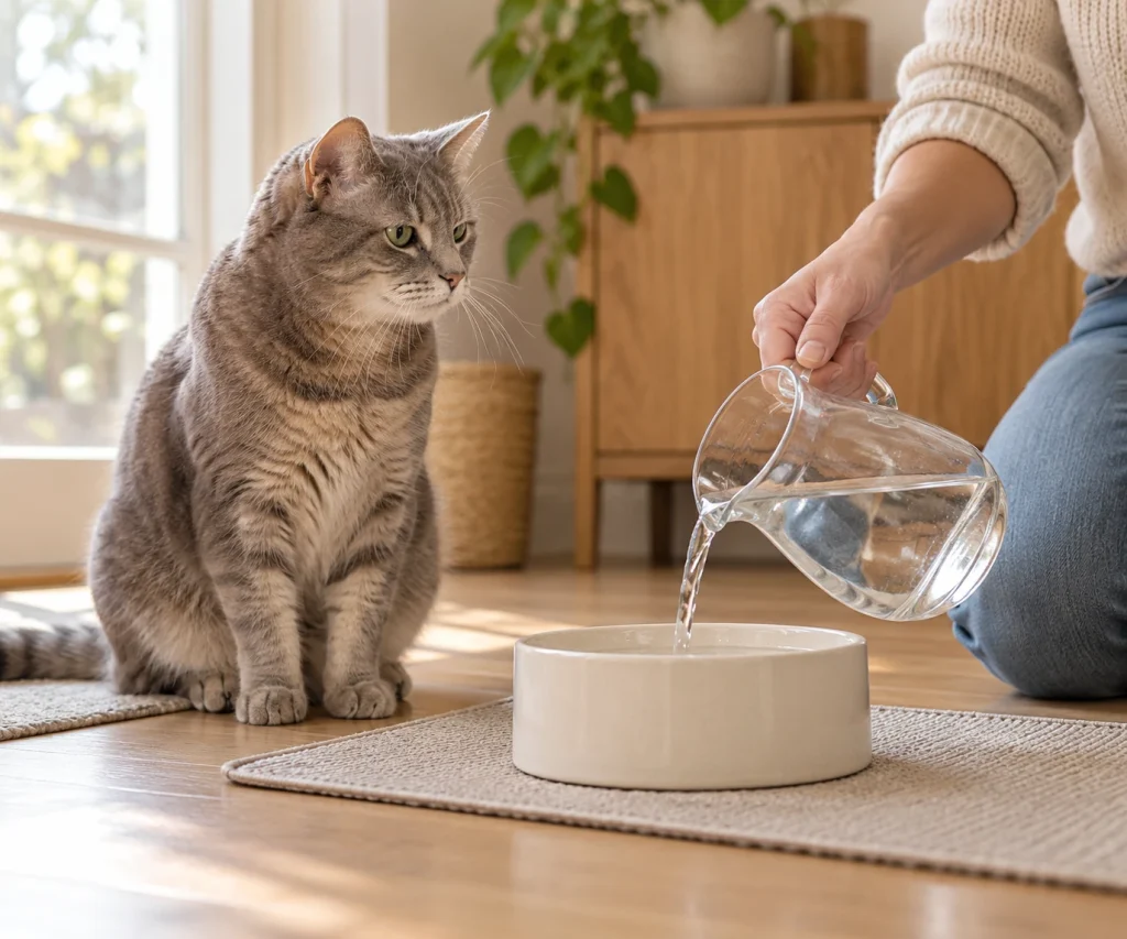 Owner refreshing a senior cat’s water bowl as part of monitoring kidney disease in cats.
