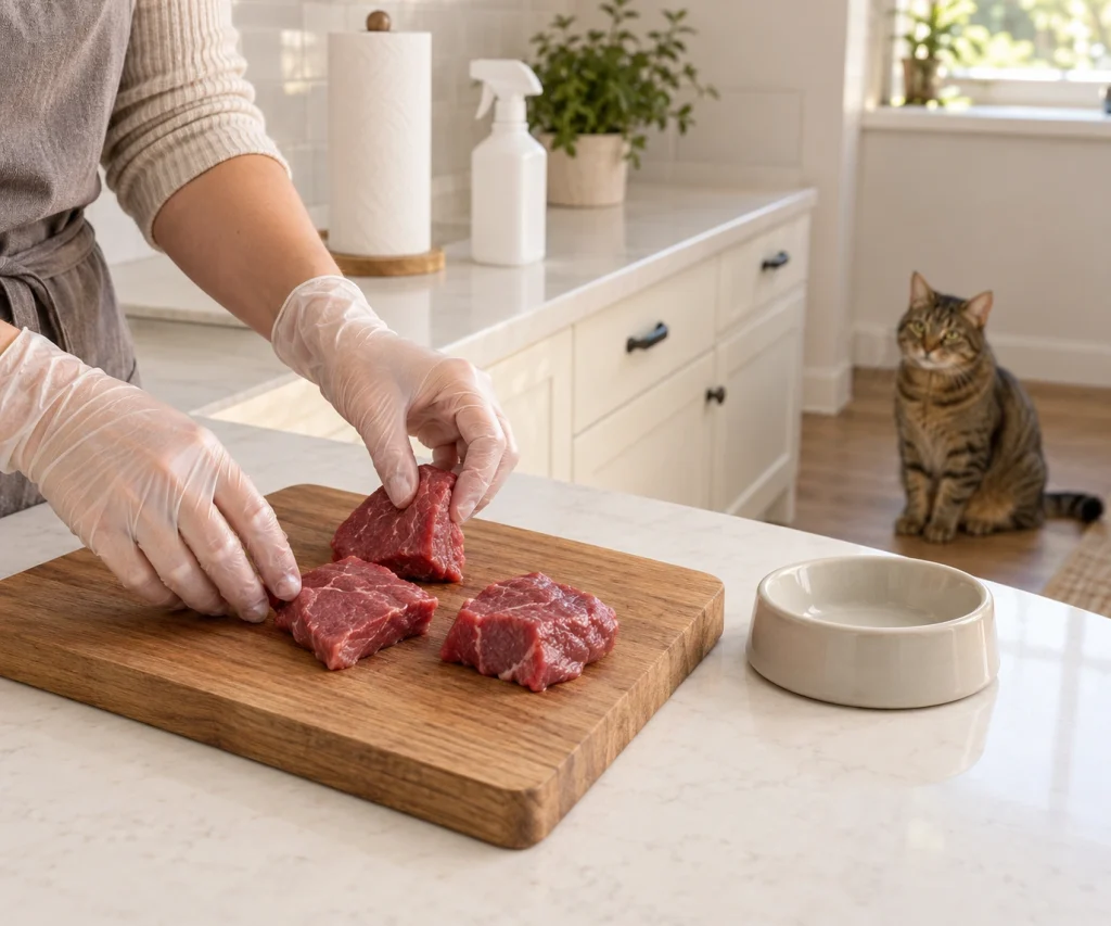 Raw food diet for cats being prepared carefully with separate food-safety equipment