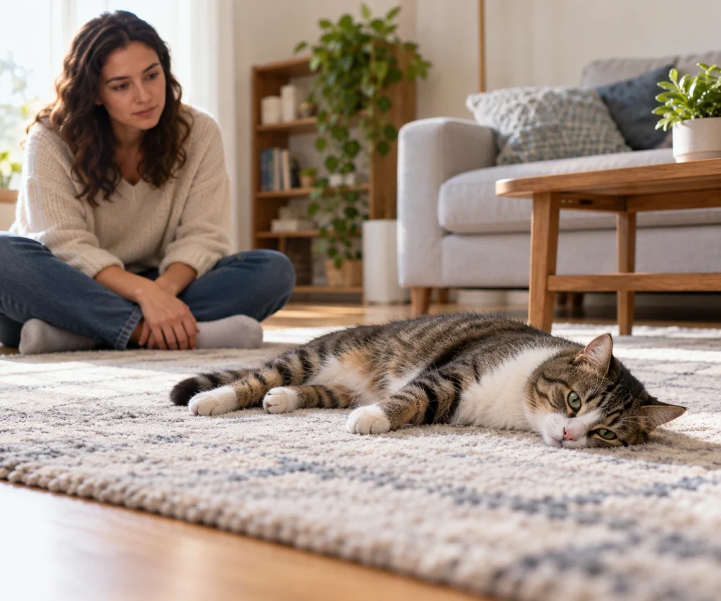 Safe uncluttered home environment illustrating first-aid precautions for seizures in cats