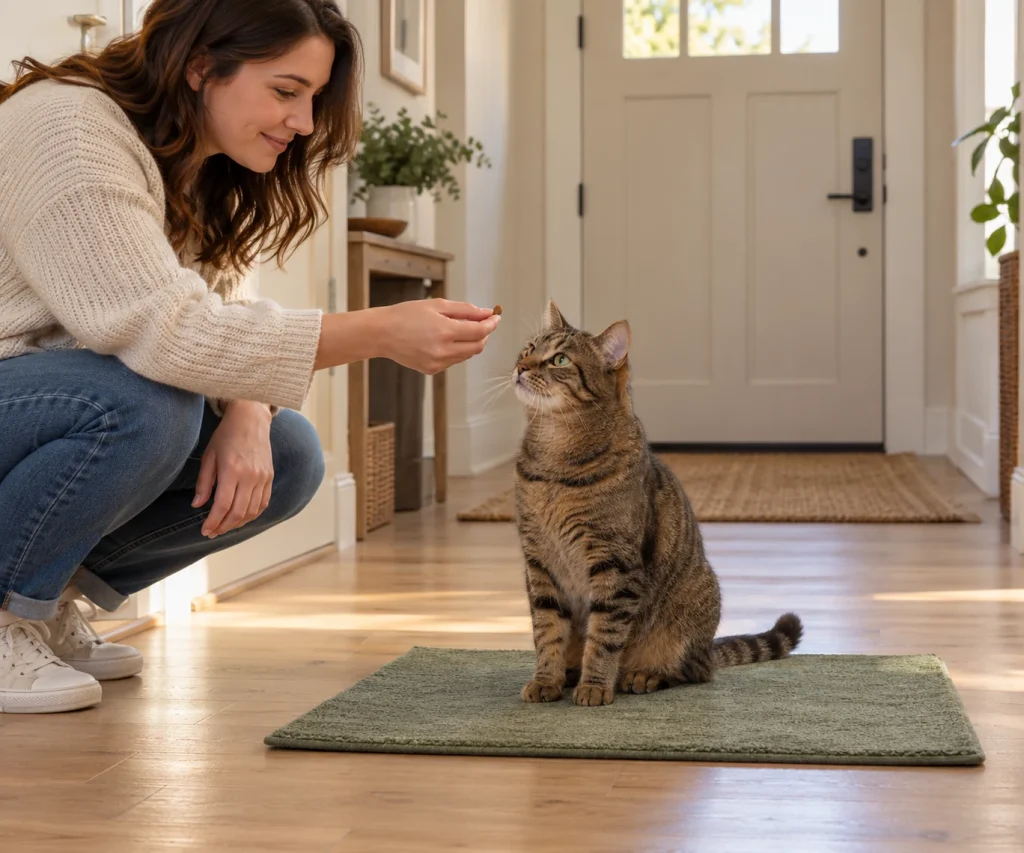 Owner rewarding a cat on its waiting station to help stop a cat from running out the door