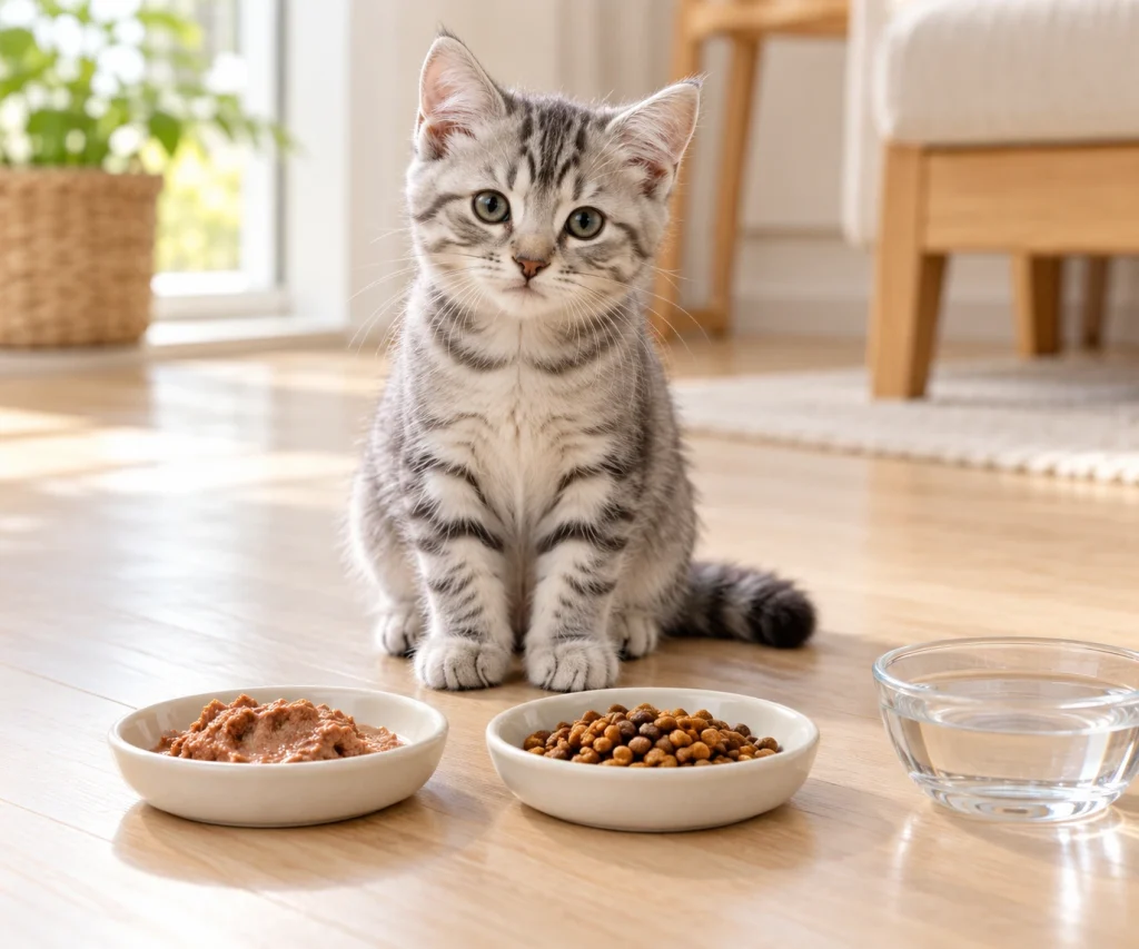 What to feed a kitten when choosing between complete wet and dry kitten food