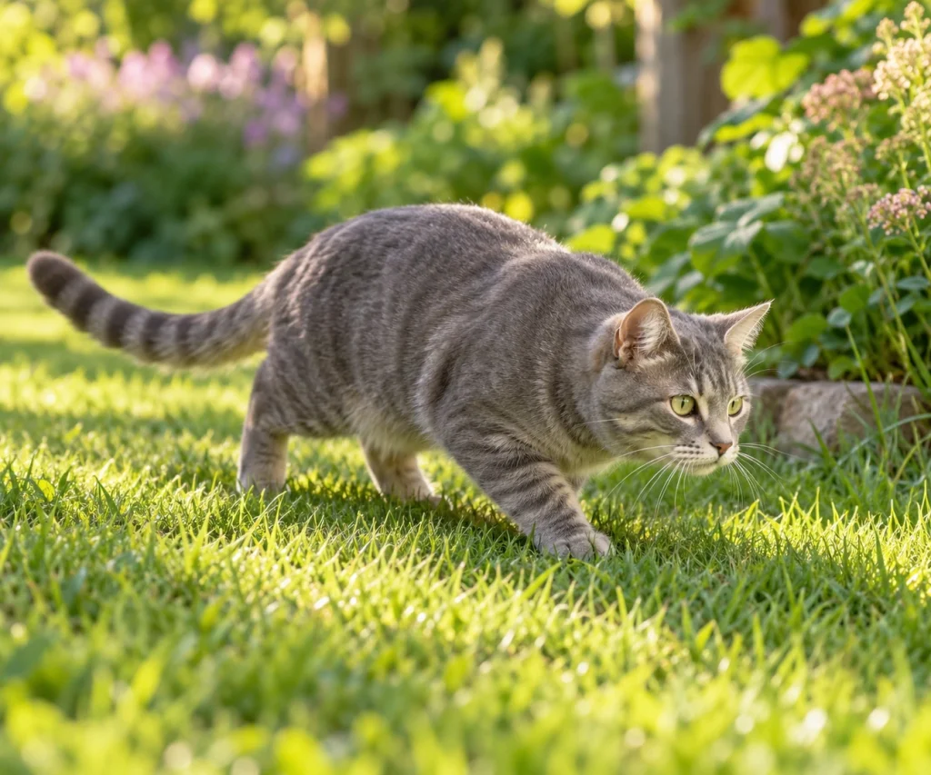 Cat stalking calmly in a garden, helping explain why do cats bring you dead animals