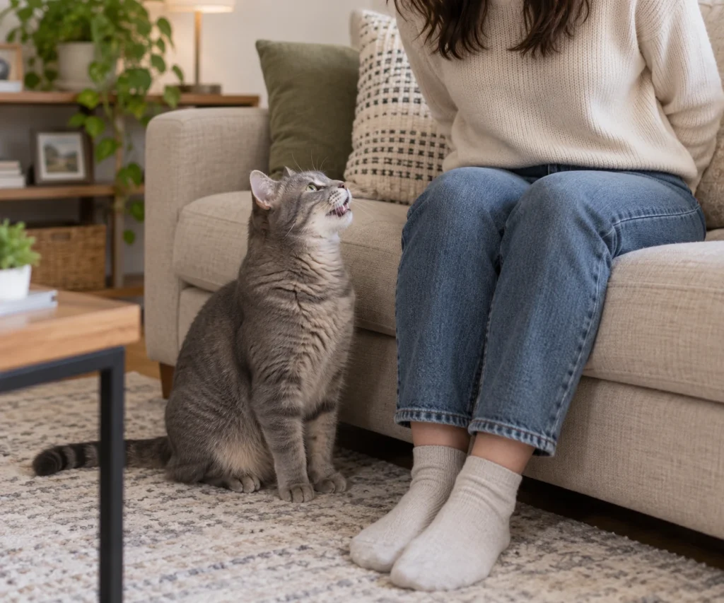 Cat meowing for attention beside its owner, raising the question why does my cat meow so much