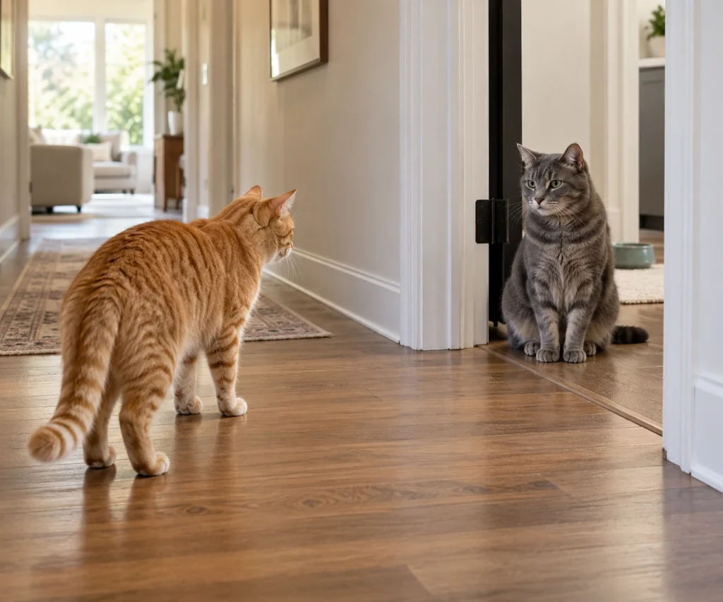 Two cats showing quiet household tension, illustrating are my cats playing or fighting