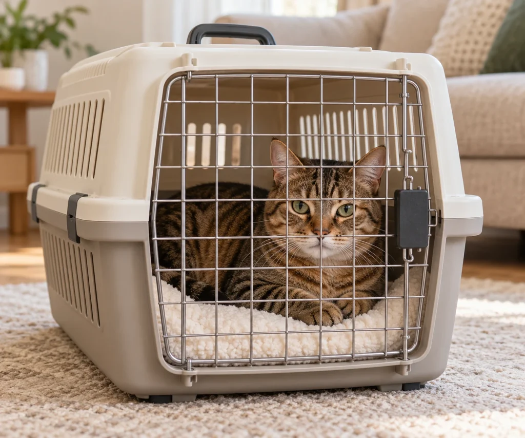 Calm cat resting inside a closed carrier during gradual cat carrier training