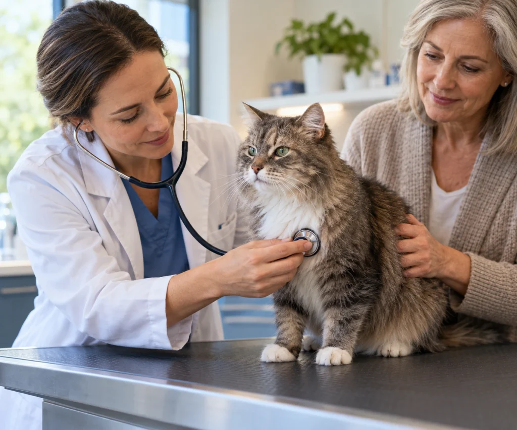 Veterinarian examining an older cat to rule out other medical conditions before assessing cat dementia